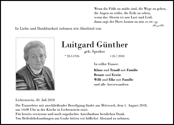 Traueranzeige von Luitgard Günther von Neue Presse Coburg