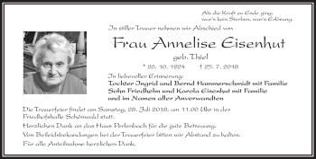Traueranzeige von Annelise Eisenhut von Frankenpost