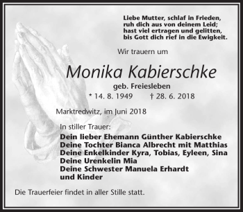 Traueranzeige von Monika Kabierschke von Frankenpost