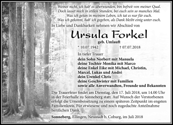 Traueranzeige von Ursula Forkel von Südthüringer Presse