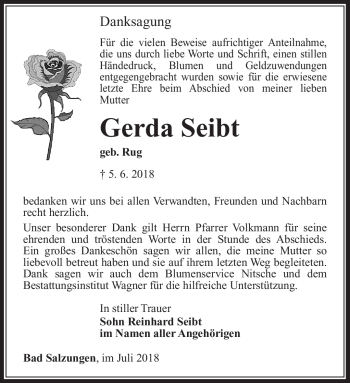 Traueranzeige von Gerda Seibt von Südthüringer Presse