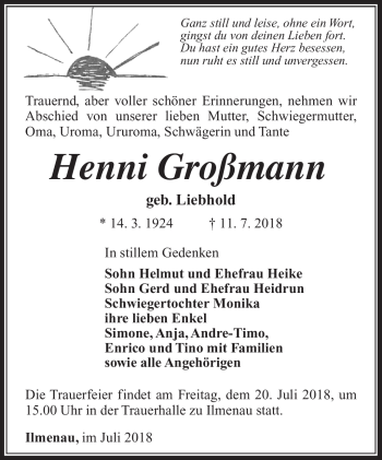 Traueranzeige von Henni Großmann von Südthüringer Presse