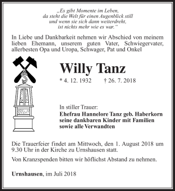 Traueranzeige von Willy Tanz von Südthüringer Presse