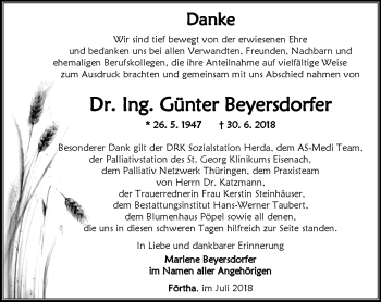 Traueranzeige von Günter Beyersdorfer von Südthüringer Presse