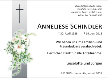 Traueranzeige von Anneliese Schindler von Frankenpost