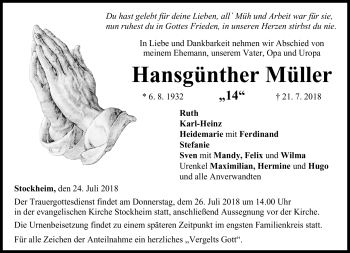 Traueranzeige von Hansgünther Müller von Neue Presse Coburg