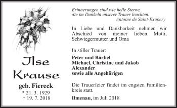 Traueranzeige von Ilse Krause von Südthüringer Presse