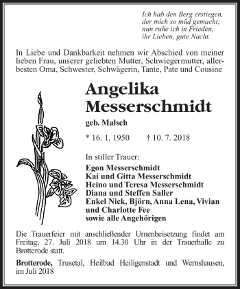 Traueranzeige von Angelika Messerschmidt von Südthüringer Presse