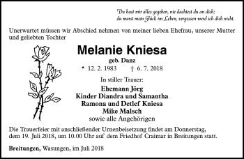 Traueranzeige von Melanie Kniesa von Südthüringer Presse