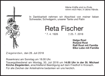 Traueranzeige von Reta Fischer von Neue Presse Coburg