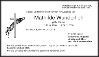 Traueranzeige von Mathilde Wunderlich von Frankenpost
