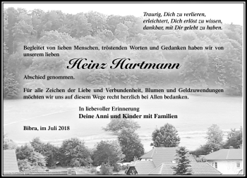 Traueranzeige von Heinz Hartmann von Südthüringer Presse