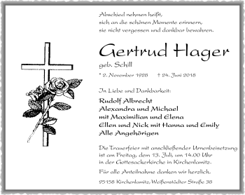 Traueranzeige von Gertrud Hager von Frankenpost