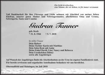 Traueranzeige von Gudrun Tanner von Südthüringer Presse