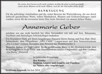 Traueranzeige von Annemarie Geber von Südthüringer Presse