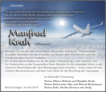 Traueranzeige von Manfred Krah von Südthüringer Presse