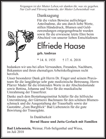 Traueranzeige von Elfriede Haase von Südthüringer Presse