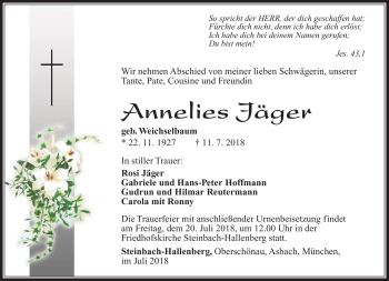 Traueranzeige von Annelies Jäger von Südthüringer Presse