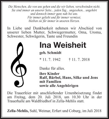 Traueranzeige von Ina Weisheit von Südthüringer Presse