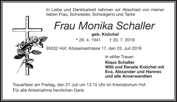 Traueranzeige von Monika Schaller von Frankenpost