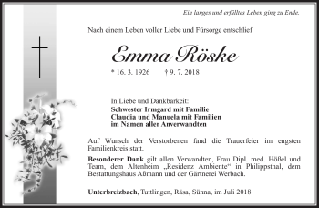 Traueranzeige von Emma Röske von Südthüringer Presse