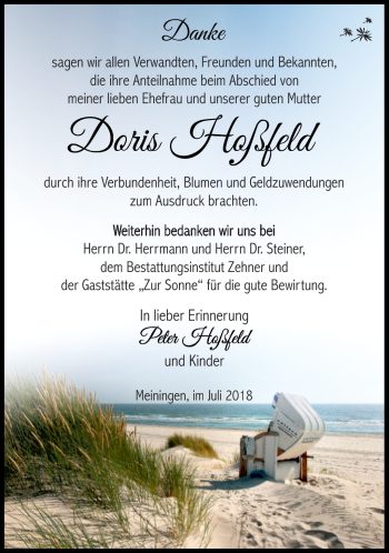 Traueranzeige von Doris Hoßfeld von Südthüringer Presse