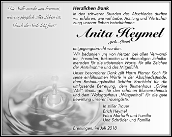 Traueranzeige von Anita Heymel von Südthüringer Presse
