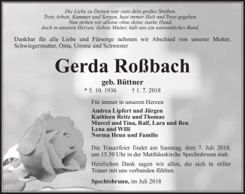 Traueranzeige von Gerda Roßbach von Südthüringer Presse