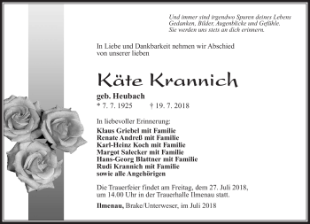 Traueranzeige von Käte Krannich von Südthüringer Presse