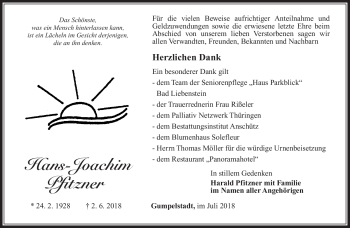 Traueranzeige von Hans-Joachim Pfitzner von Südthüringer Presse