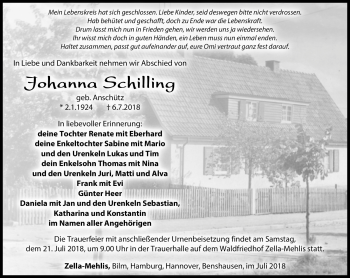 Traueranzeige von Johanna Schilling von Südthüringer Presse