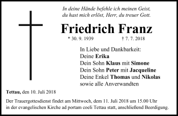 Traueranzeige von Friedrich Franz von Neue Presse Coburg