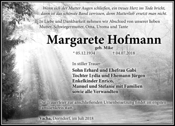 Traueranzeige von Margarete Hofmann von Südthüringer Presse