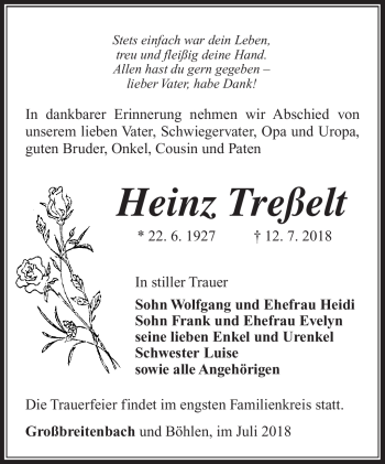 Traueranzeige von Heinz Treßelt von Südthüringer Presse
