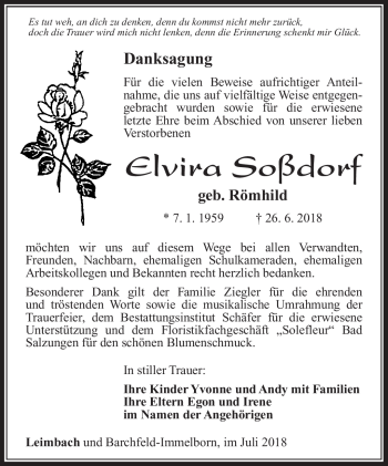 Traueranzeige von Elvira Soßdorf von Südthüringer Presse