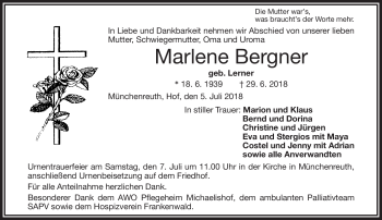 Traueranzeige von Marlene Bergner von Frankenpost