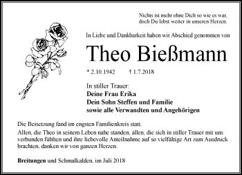 Traueranzeige von Theo Bießmann von Südthüringer Presse