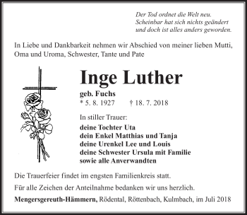 Traueranzeige von Inge Luther von Südthüringer Presse