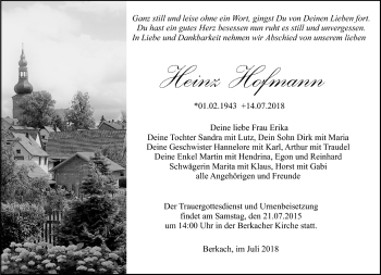 Traueranzeige von Heinz Hofmann von Südthüringer Presse