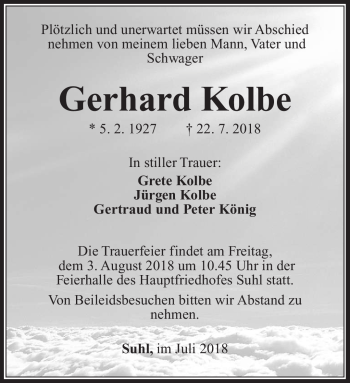 Traueranzeige von Gerhard Kolbe von Südthüringer Presse
