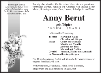 Traueranzeige von Anny Bernt von Südthüringer Presse