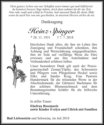 Traueranzeige von Heinz Spinger von Südthüringer Presse