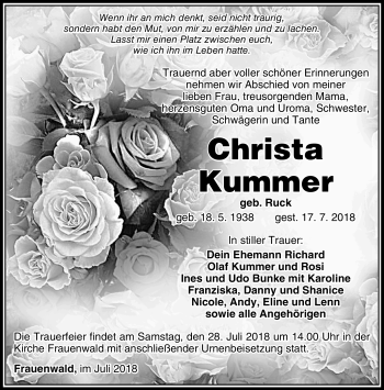 Traueranzeige von Christa Kummer von Südthüringer Presse
