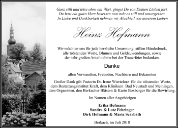 Traueranzeige von Heinz Hofmann von Südthüringer Presse