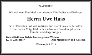 Traueranzeige von Uwe Haas von Südthüringer Presse