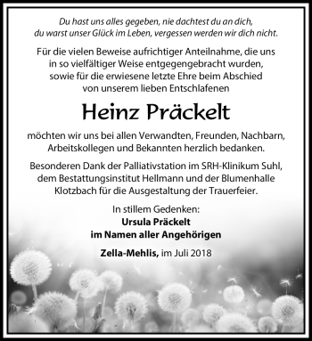Traueranzeige von Heinz Präckelt von Südthüringer Presse