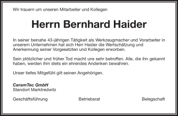 Traueranzeige von Bernhard Haider von Frankenpost