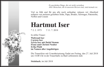 Traueranzeige von Hartmut Iser von Südthüringer Presse