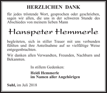 Traueranzeige von Hanspeter Hemmerle von Südthüringer Presse
