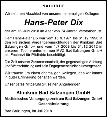 Traueranzeige von Hans-Peter Dix von Südthüringer Presse